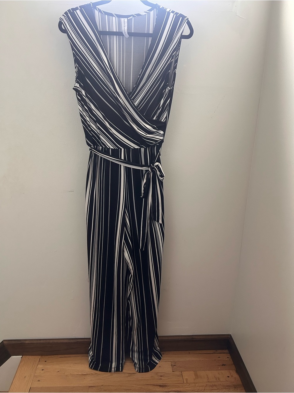Emma & Michele Graphic Black & White Striped Wide-Leg Wrap Jumpsuit – Size M
